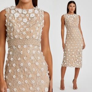 Mac Duggal Beige Floral Embellished Midi Dress